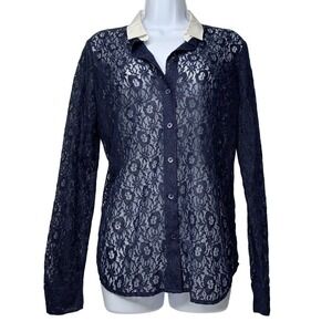 Equipment Femme Blouse Size MED Women's Shirt Sheer Lace Collared Button Up Blue